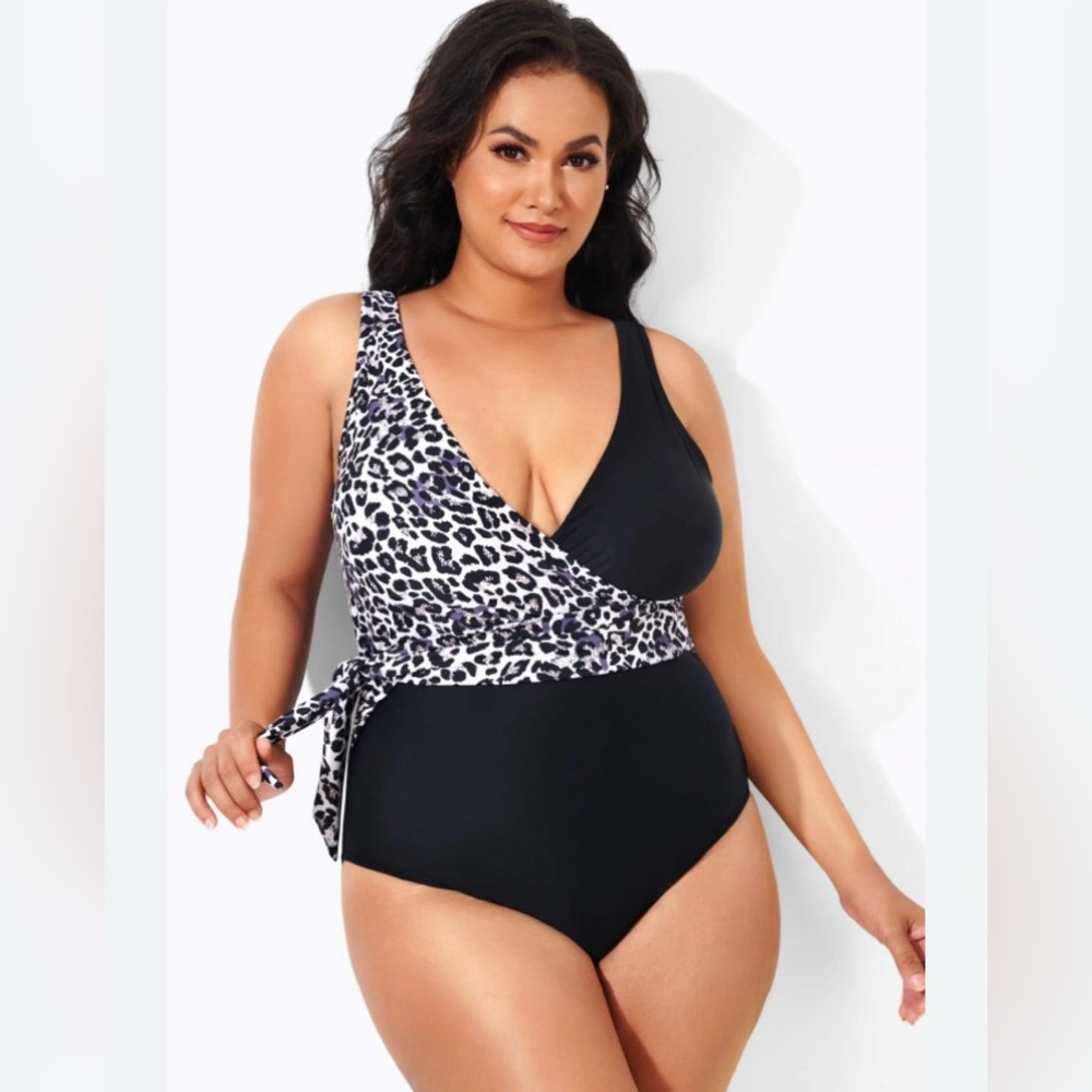 Black and White Wrap-Style One-Piece Swimsuit with Plunging V-Neckline
